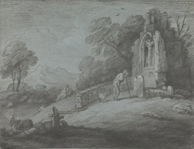 Bosrijk Landschap met Boer die Grafsteen Leest, Rustieke Geliefden en Verwoeste Kerk door Thomas Gainsborough