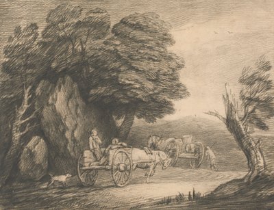 Bosrijk landschap met twee landkarren en figuren door Thomas Gainsborough