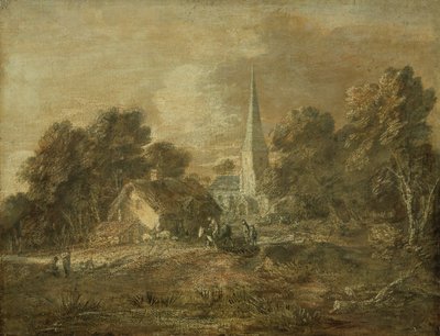 Boslandschap met dorpsscène door Thomas Gainsborough