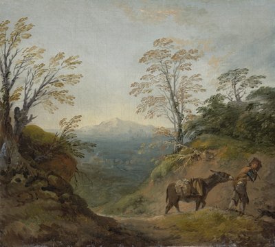 Boslandschap met een jongen die een ezel en een hond leidt, en een uitgestrekt panorama met gebouwen en verre heuvels, vroege jaren 1760 door Thomas Gainsborough