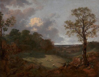 Bosrijk landschap met een huisje en herder door Thomas Gainsborough