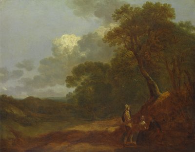 Boslandschap met een man die met twee zittende vrouwen praat, ca. 1745 door Thomas Gainsborough