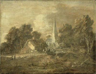 Boslandschap met dorpsscène door Thomas Gainsborough