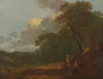 Bosrijk landschap met een man die praat met twee zittende vrouwen door Thomas Gainsborough RA