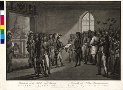 Tadeusz Kosciuszko en de Poolse aristocraten vragen tsaar Paul I om hun vrijheid terug door Thomas Gaugain