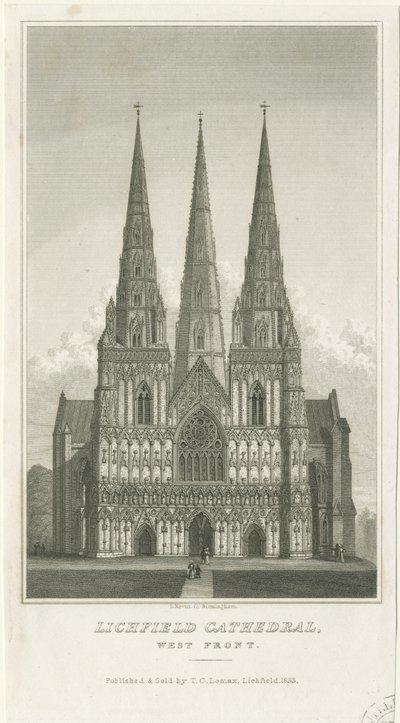 Lichfield Kathedraal - Westgevel (gravure, ca. 1833) door Thomas George Lomax
