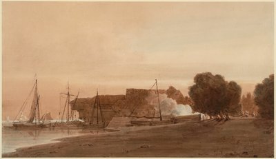 Een scheepswerf aan de monding van een estuarium door Thomas Girtin