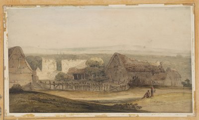 Een groot gebouw met boerderijgebouwen en een kerkruïne door Thomas Girtin