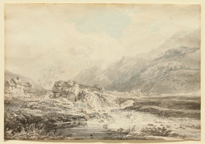 Berglandschap met bovenslagmolen en brug door Thomas Girtin