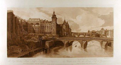 Gezicht op de Pont au Change, het Stadstheater, de Pont Neuf, de gevangenis van de Conciergerie enz., gezien vanaf de Pont Notre-Dame door Thomas Girtin