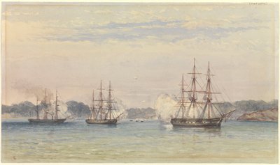 De China-oorlog 1857, drie van HM-schepen bombarderen en scheepsboten aan de kust door Thomas Goldsworth Dutton