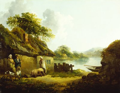 Een zigeunerfamilie buiten een schuur in een landschap door Thomas Hand