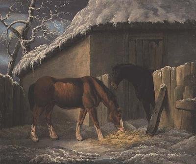 Een winterlandschap met twee paarden die buiten een stal eten door Thomas Hand