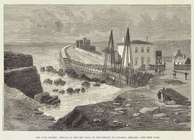 De recente stormen, doorbraak in de zeewering op het strand van Youghal, Ierland door Thomas Harrington Wilson