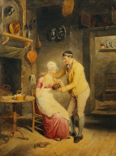 Luie momenten: een jongen toont een meisje een nest jonge vogels in een interieur door Thomas Heaphy