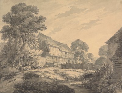 Boerderij en gebouwen bij een stroom door Thomas Hearne