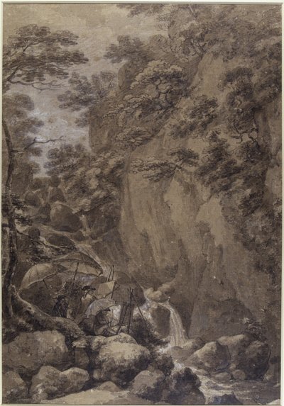 Sir George Beaumont en Joseph Farington schilderen een waterval, 1777 door Thomas Hearne