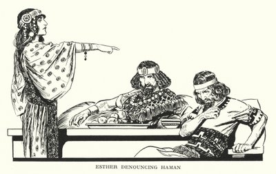 Esther die Haman aanklaagt (litho) door Thomas Heath Robinson