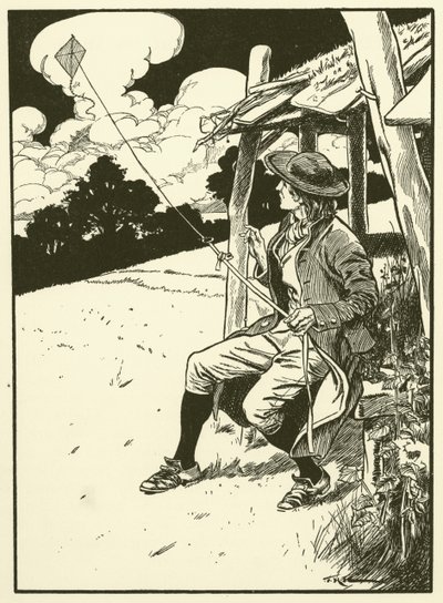 Franklin en zijn vlieger (gravure) door Thomas Heath Robinson