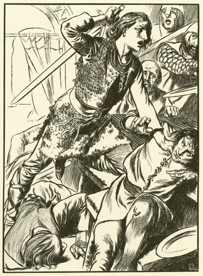Hereward en zijn mannen vallen de Noormannen aan (gravure) door Thomas Heath Robinson