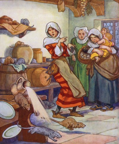 Illustratie voor De rattenvanger van Hamelen (kleurenlitho) door Thomas Heath Robinson