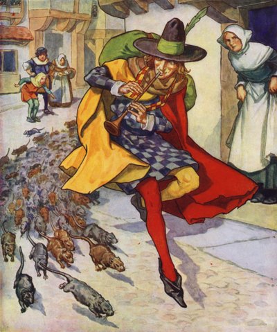 Illustratie voor De rattenvanger van Hamelen (kleurenlitho) door Thomas Heath Robinson