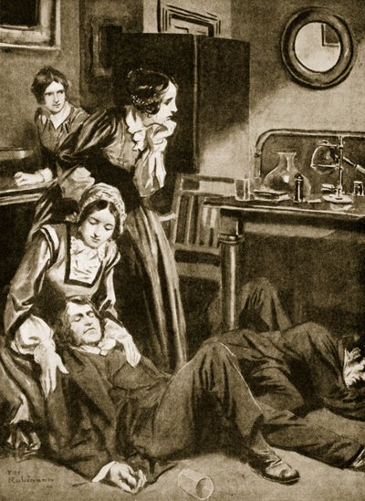 James Simpson en zijn assistenten ontdekken chloroform, november 1847 (litho) door Thomas Heath Robinson