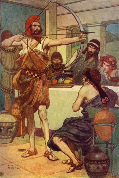 Odysseus straft de vrijers (kleurenlitho) door Thomas Heath Robinson
