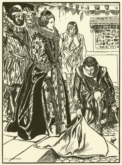 Raleigh spreidt zijn mantel uit voor Elizabeth (gravure) door Thomas Heath Robinson