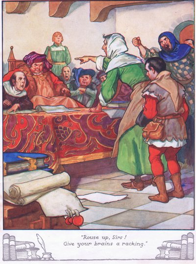 "Wakker worden heren! Laat uw hersenen kraken". (kleurenlitho) door Thomas Heath Robinson