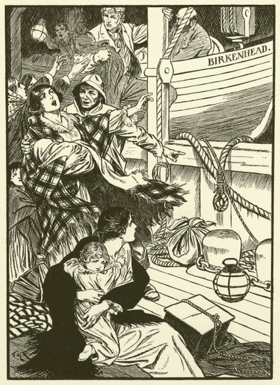 Het redden van vrouwen en kinderen (gravure) door Thomas Heath Robinson