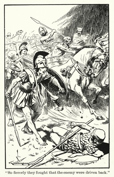 "Ze vochten zo hevig dat de vijand werd teruggedreven" (litho) door Thomas Heath Robinson