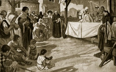 De opvoering van een vroeg mysteriespel, illustratie uit 