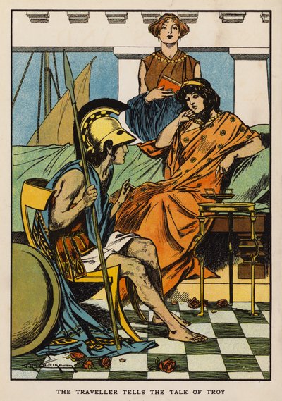 De reiziger vertelt het verhaal van Troje (kleurenlitho) door Thomas Heath Robinson