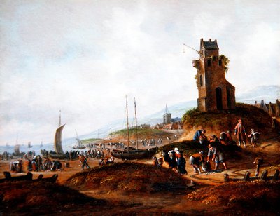 Een uitzicht op Scheveningen, met vissers die hun vangst verkopen door Thomas Heeremans
