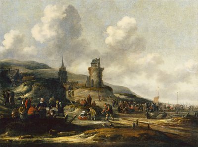Een Uitzicht op Scheveningen met Vissers die hun Vangst Verkopen door Thomas Heeremans