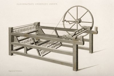 De Spinning Jenny, uitgevonden door James Hargreaves in 1764, 1835 door Thomas Henry Nicholson