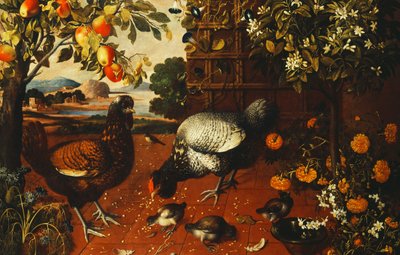 Een haan, een hen en kuikens in een erf door Thomas Hiepes