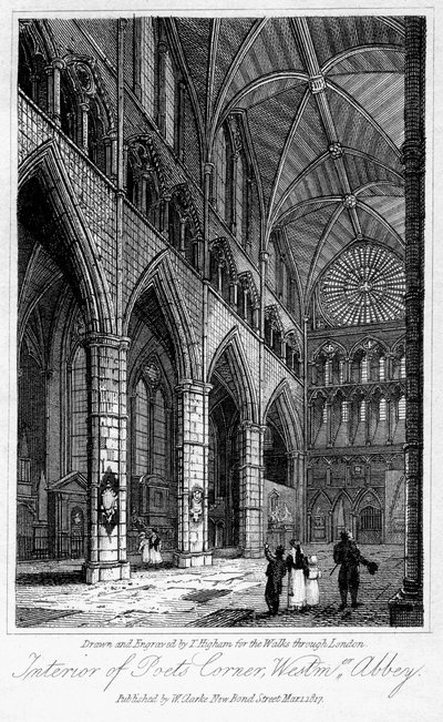 Interieur van Dichters Hoek, Westminster Abbey, Londen, 1817 door Thomas Higham