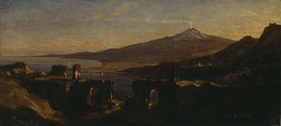 Uitzicht vanaf de ruïnes van het Griekse theater in Taormina, Sicilië, met de rokende Etna door Thomas Hiram Hotchkiss