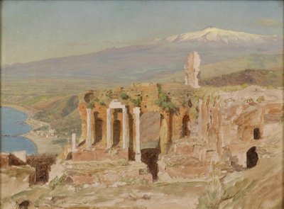 Uitzicht op de ruïnes van het Griekse theater in Taormina en de Etna, Sicilië door Thomas Hiram Hotchkiss