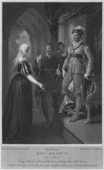 Derde deel van Koning Hendrik VI. Act 3. Scene 2. Koning Edward, Gloucester, Clarence & Lady Elizabeth door Thomas Holloway