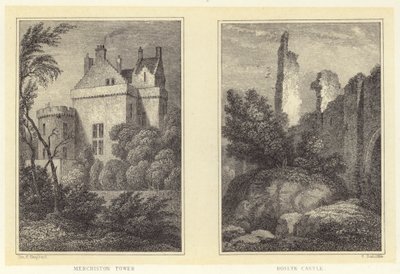 Merchiston Tower; Roslyn Castle door Thomas Hosmer (after) Shepherd