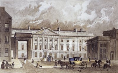 Een eigentijdse gravure van de nieuwe Koninklijke Munt, ca. 1830 door Thomas Hosmer Shepherd