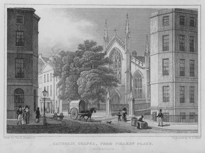 Katholieke kapel, vanaf Picardy Place, Edinburgh (gravure) door Thomas Hosmer Shepherd