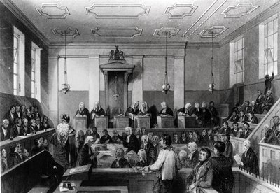 Central Criminal Court, The Old Bailey, gegraveerd door H. Melville door Thomas Hosmer Shepherd
