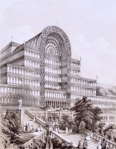 Crystal Palace in Sydenham, de voorkant van het Grote Transept, ca. 1851-55 door Thomas Hosmer Shepherd