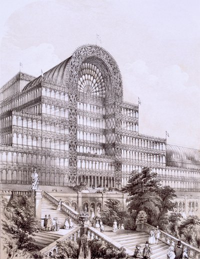 Crystal Palace in Sydenham, de voorkant van het Grote Transept, ca 1854 door Thomas Hosmer Shepherd