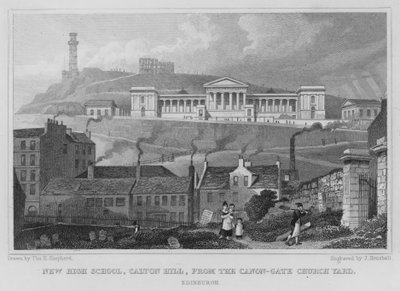 Nieuwe middelbare school, Calton Hill, vanaf de Canon-Gate Church Yard, Edinburgh (gravure) door Thomas Hosmer Shepherd