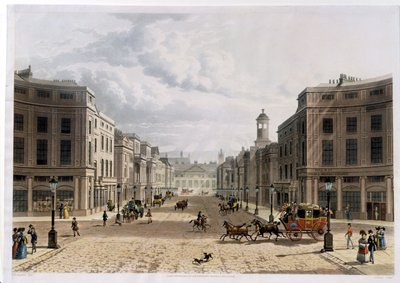 Regent Street, vanaf Piccadilly, gegraveerd door J. Bluck, pub. 1822 door Ackermann